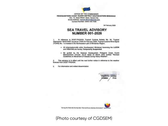 Sea travel in southeastern Mindanao suspended due to Basyang